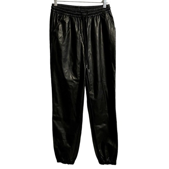 H&M Divided Pants Women Size 4 Black Vegan Faux Leather Jogger Pockets Drawstr… - Picture 1 of 8
